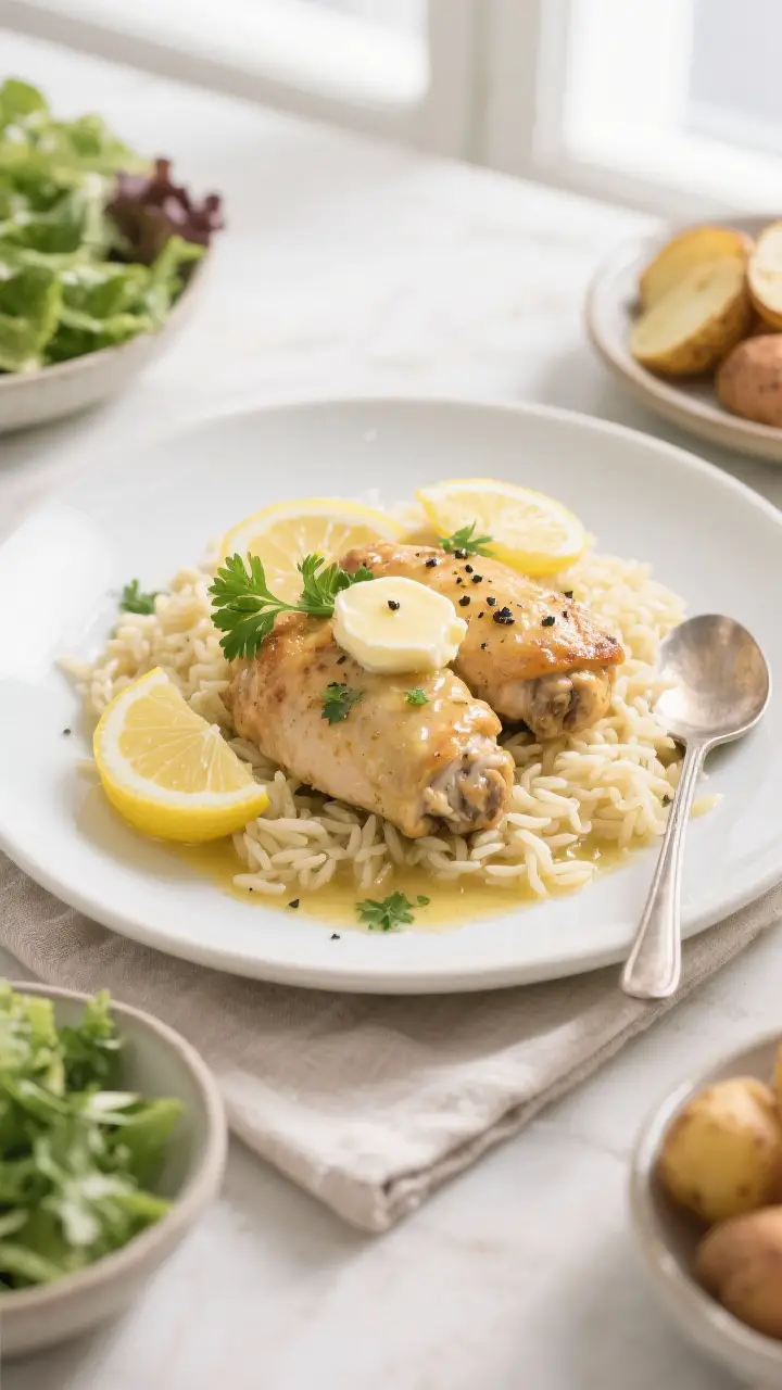 Final plated dish shot: Restaurant-quality presentation of lemon chicken thighs over creamy orzo on 