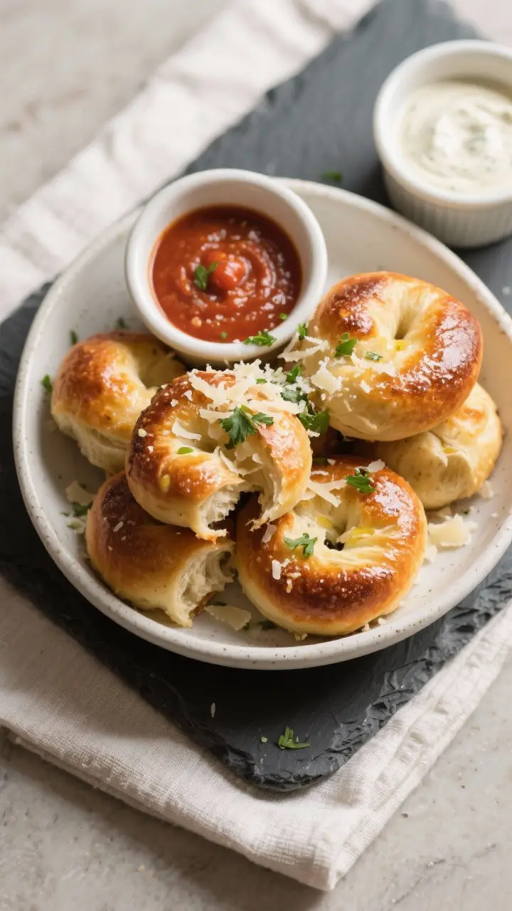 Final plated dish shot: Restaurant-quality presentation of warm garlic knots piled in a rustic white