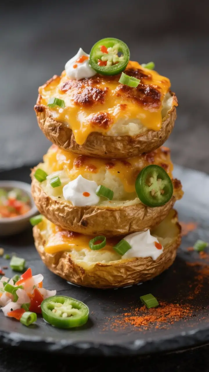Final plated dish shot: Restaurant-quality presentation of Puffy Potatoskins stacked on a matte char