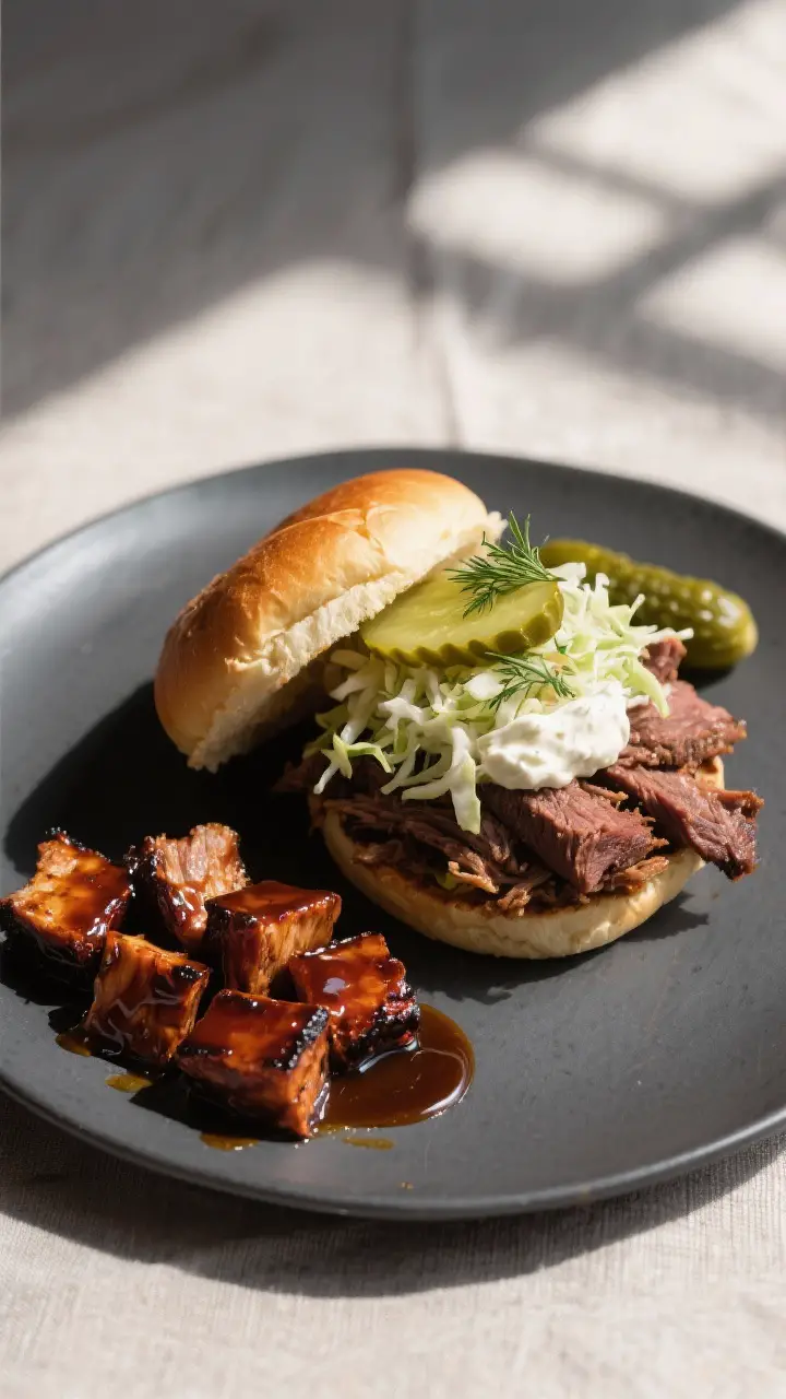 Final plated dish shot: Restaurant-style presentation of pulled smoked chuck roast on a toasted bun 