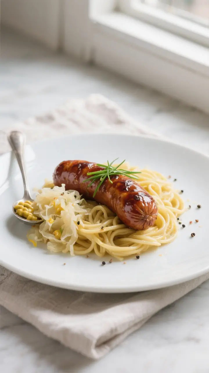 Final plated dish, : Whole glazed smoked kielbasa nestled over buttered egg noodles with a spoonful