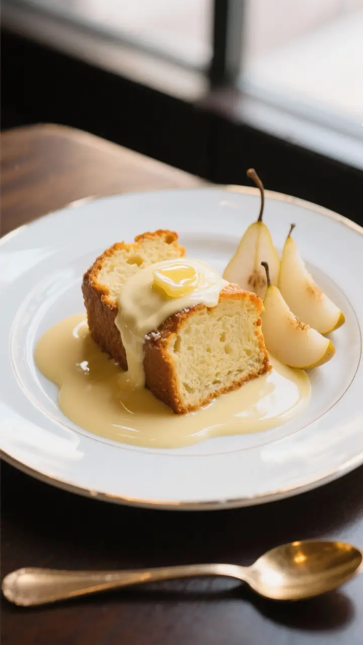 Final plated elegance: Warm custard poured over slices of buttery pound cake with a few poached pear