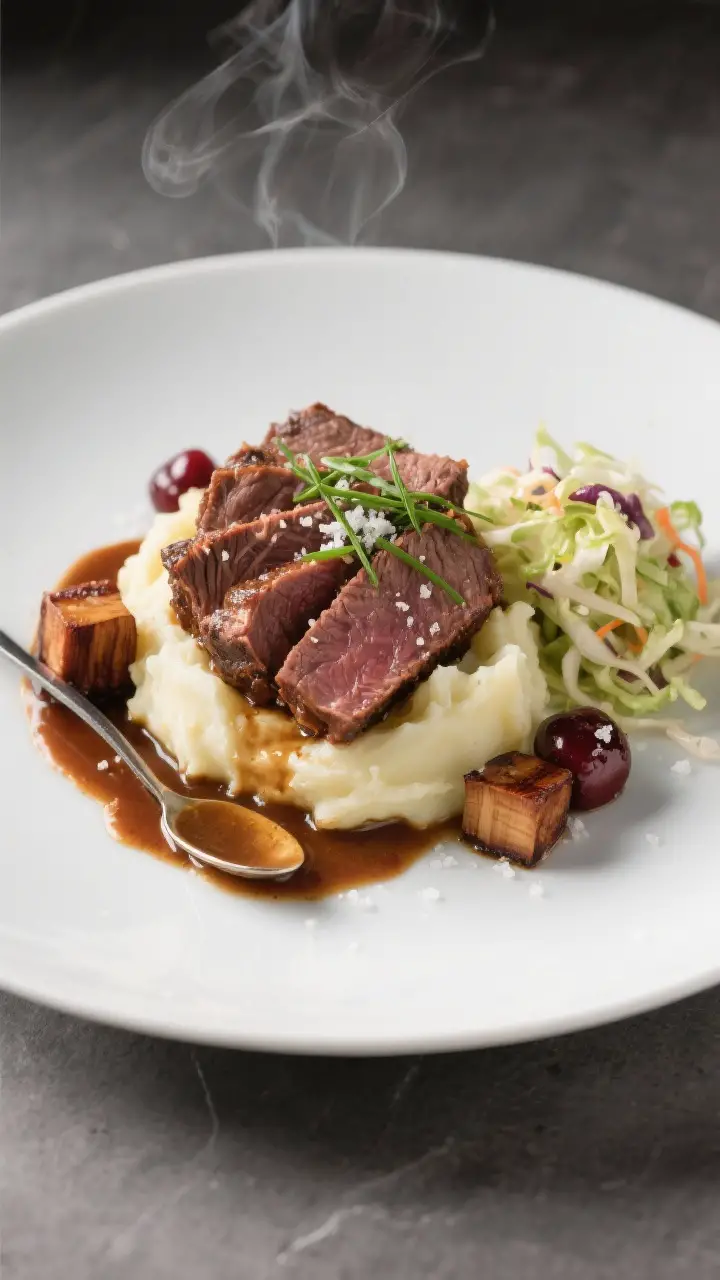 Final plated entrée presentation of sliced smoked beef cheeks over creamy mashed potatoes with rich
