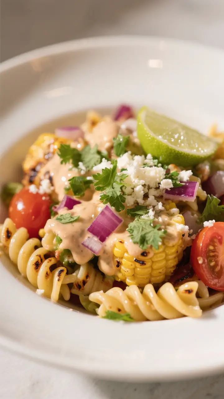 Final plated hero, close-up detail: Restaurant-quality single-serve bowl of Southwest Pasta Salad wi