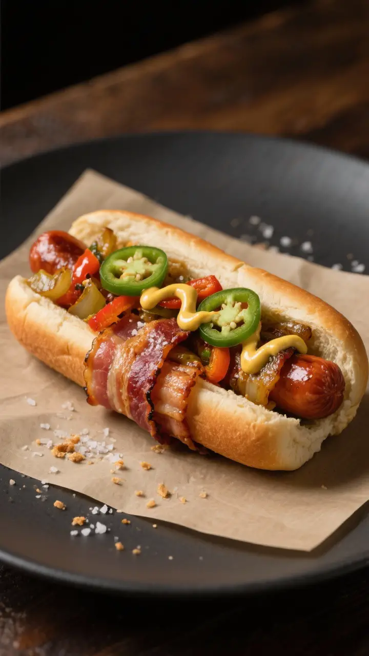 Final plated hero dish: Beautifully assembled Danger Dog-style bacon-wrapped hot dog in a softly toa