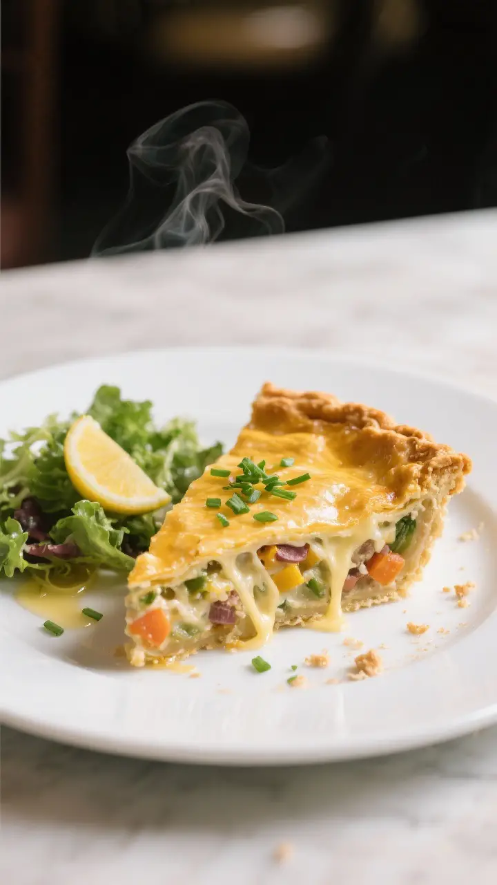 Final plated hero: Golden, sliceable Quick Crust Luncheon Pie wedge on a white ceramic plate, crisp 