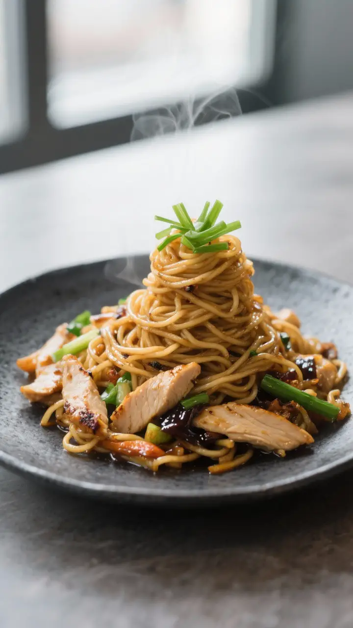 Final plated hero: Restaurant-quality presentation of Chicken Chow Mein twirled high in the center o