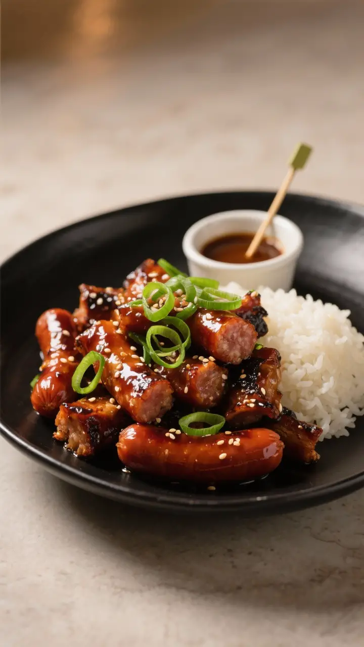 Final plated hero: Restaurant-quality presentation of hot dog burnt ends tossed in the finishing gla