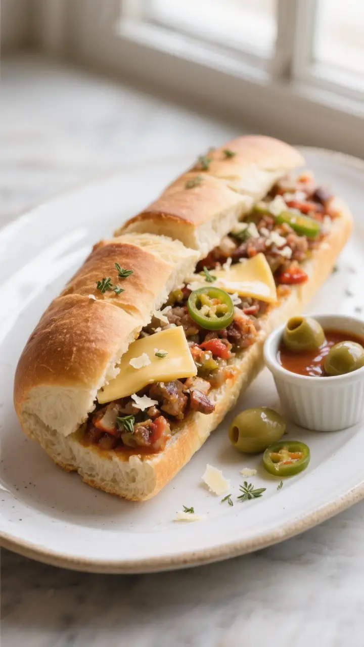 Final plated hero shot: A fully built chopped Italian sub on a rustic white oval plate—Italian rol