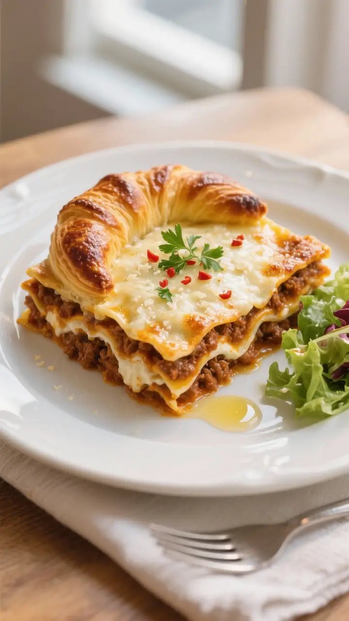 Final plated hero shot: A golden, deeply browned crescent-topped lasagne square on a white ceramic p