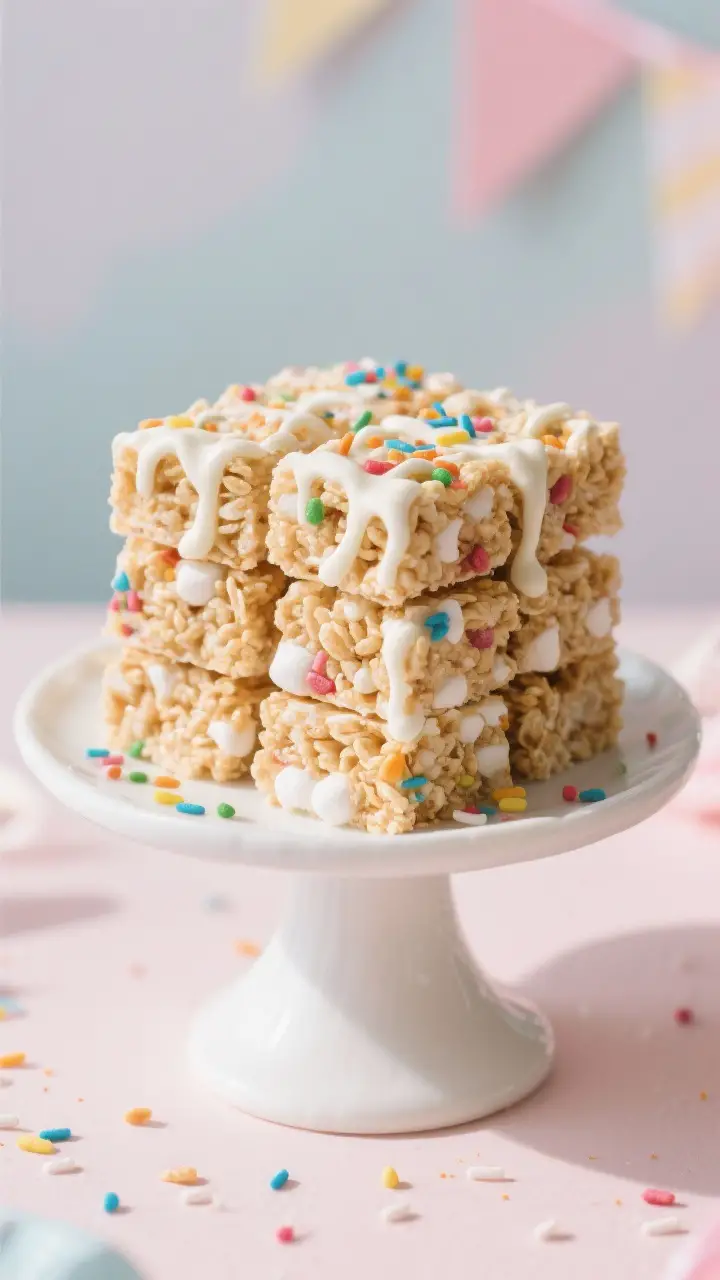 Final plated hero shot: Neatly sliced squares of Birthday Rice Krispies treats stacked on a white ca