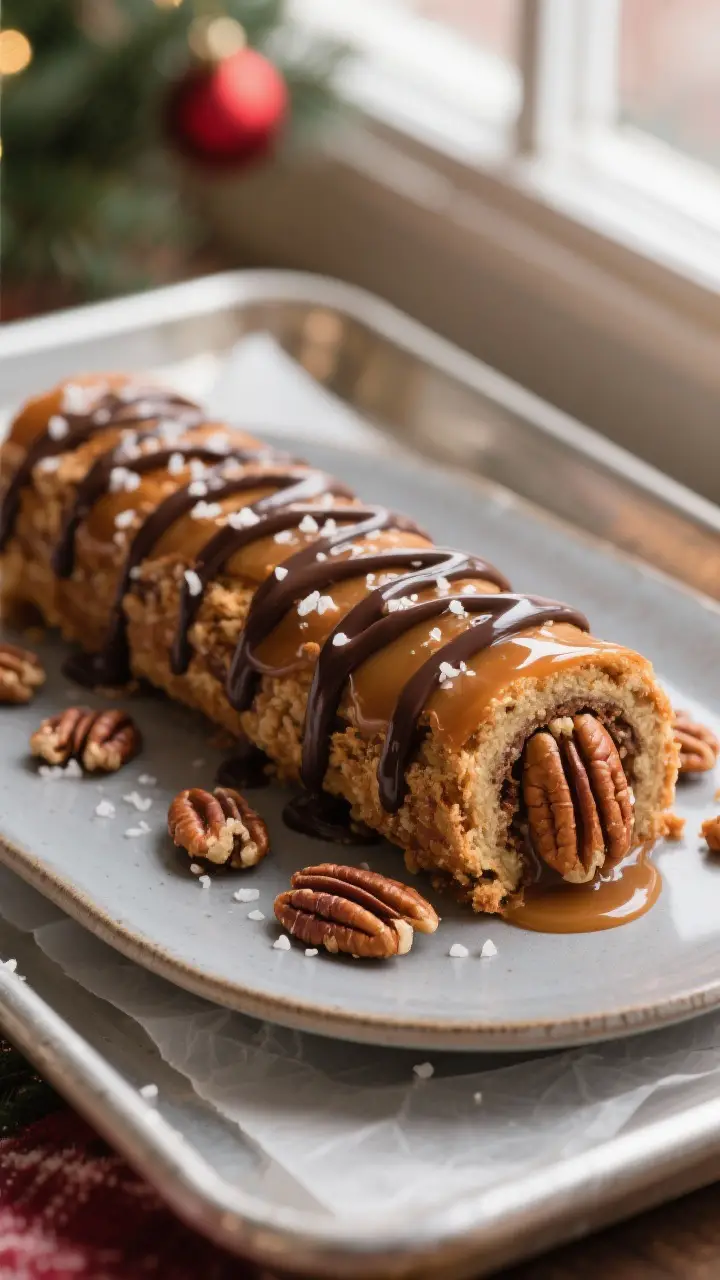 Final plated hero shot of whole Pecan Loggers arranged on a matte ceramic platter, ends capped with