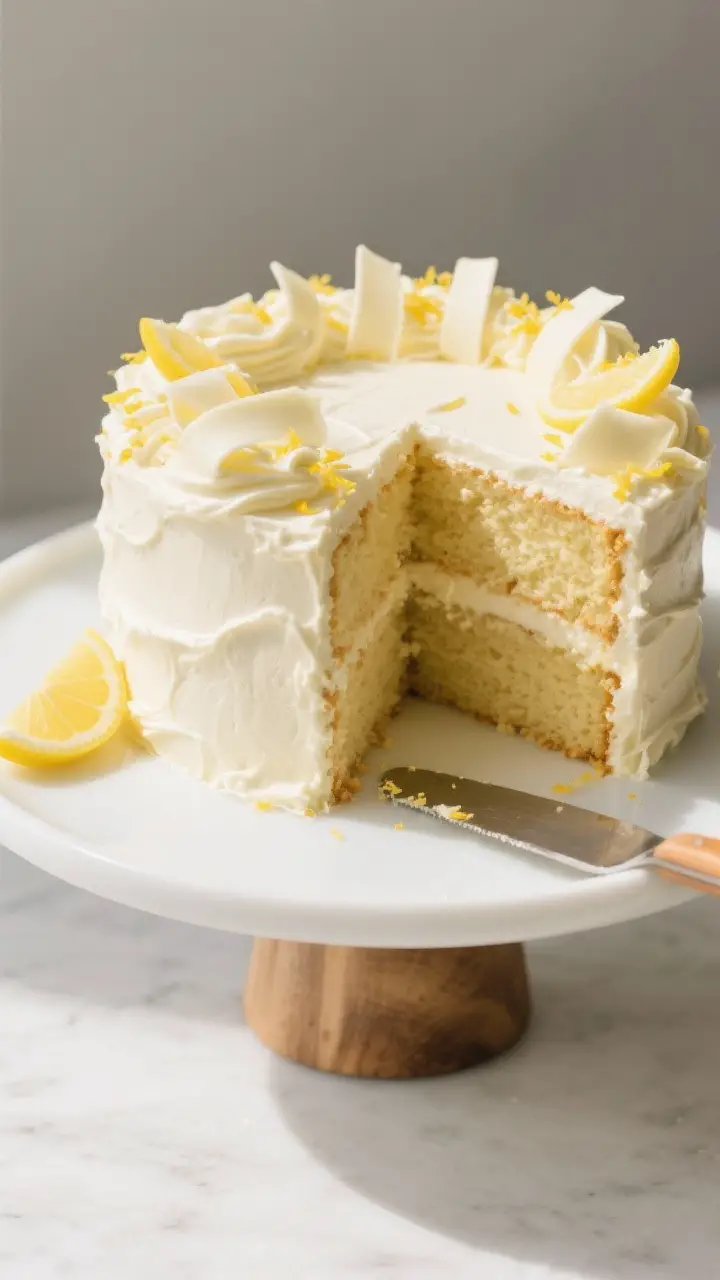 Final plated hero shot: Two-layer lemon velvet cake fully frosted with soft, swooped lemon cream che