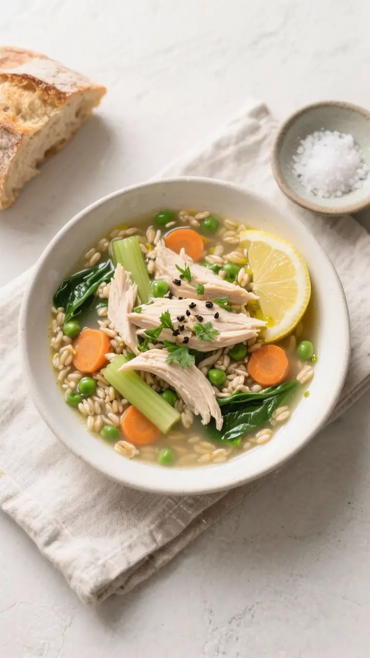 Final plated overhead: Beautifully presented bowl of Chicken Barley Soup on a matte off-white bowl s