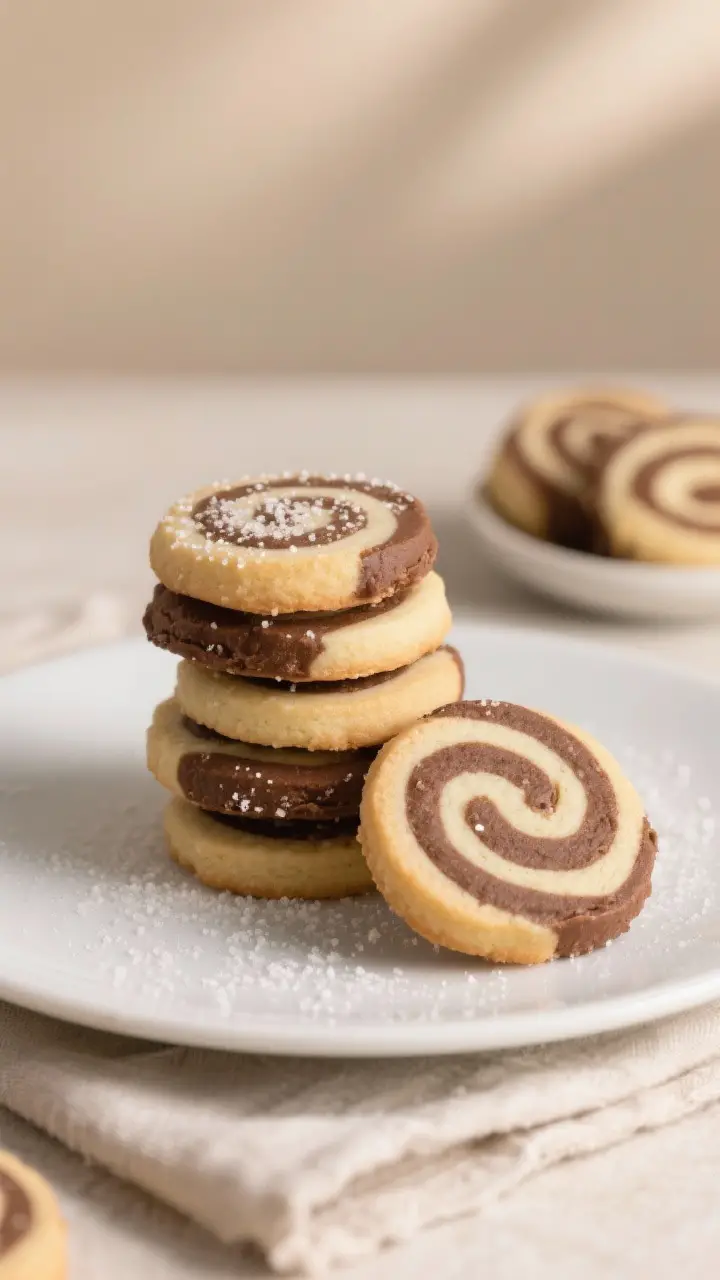 Final plated presentation: a bakery-style stack of Slice-a-Whirl Cookies in the Classic Chocolate–