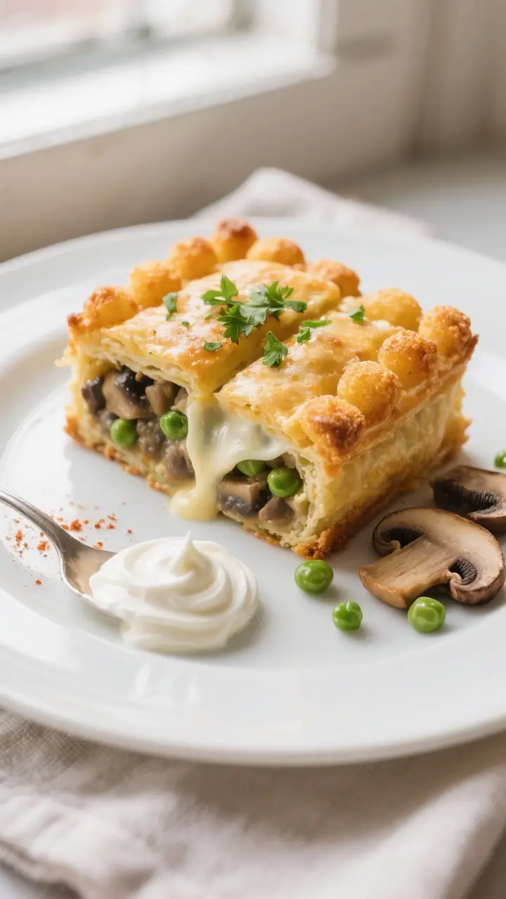 Final plated presentation: A generous square of Mushroom Tater Puff served on a matte white plate, c
