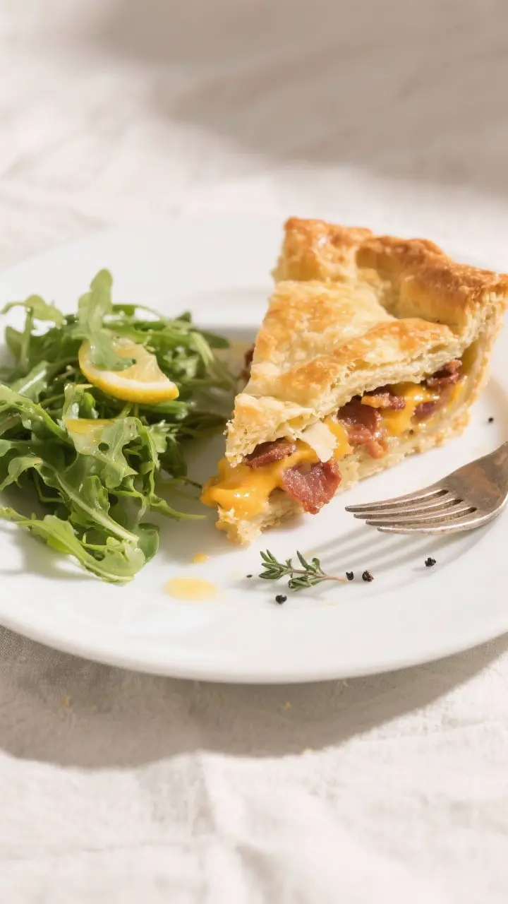 Final plated presentation: A neatly sliced wedge of Bacon ’n Cheese Puff Pie on a simple white pla