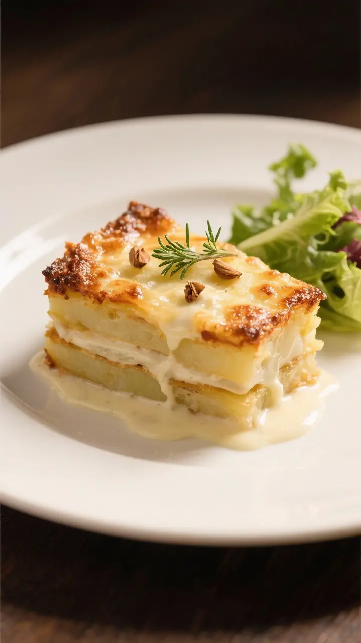 Final plated presentation: A restaurant-quality slice of potatoes au gratin served on a warm white p