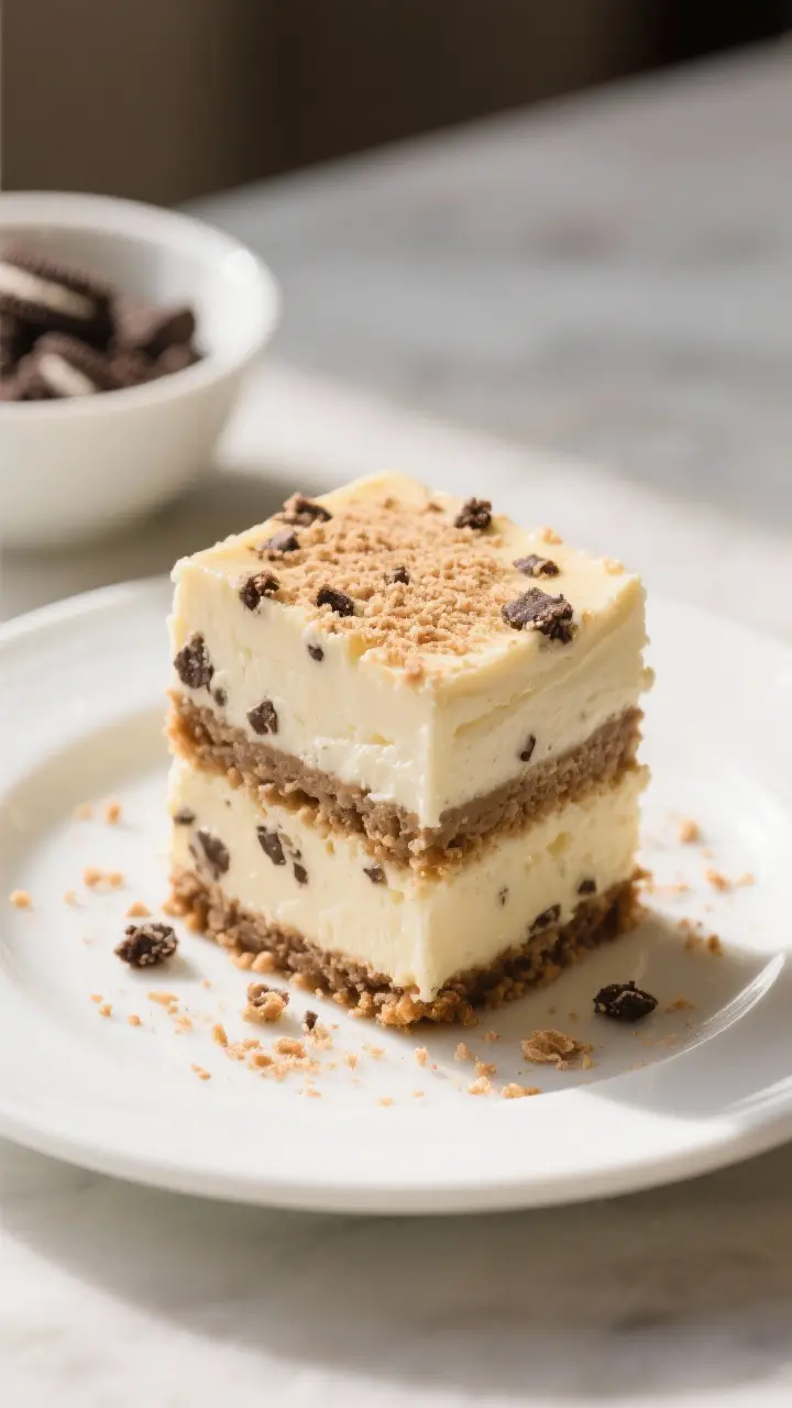 Final plated presentation: A single Cookie Cheesecake Square stacked over another at a slight angle 