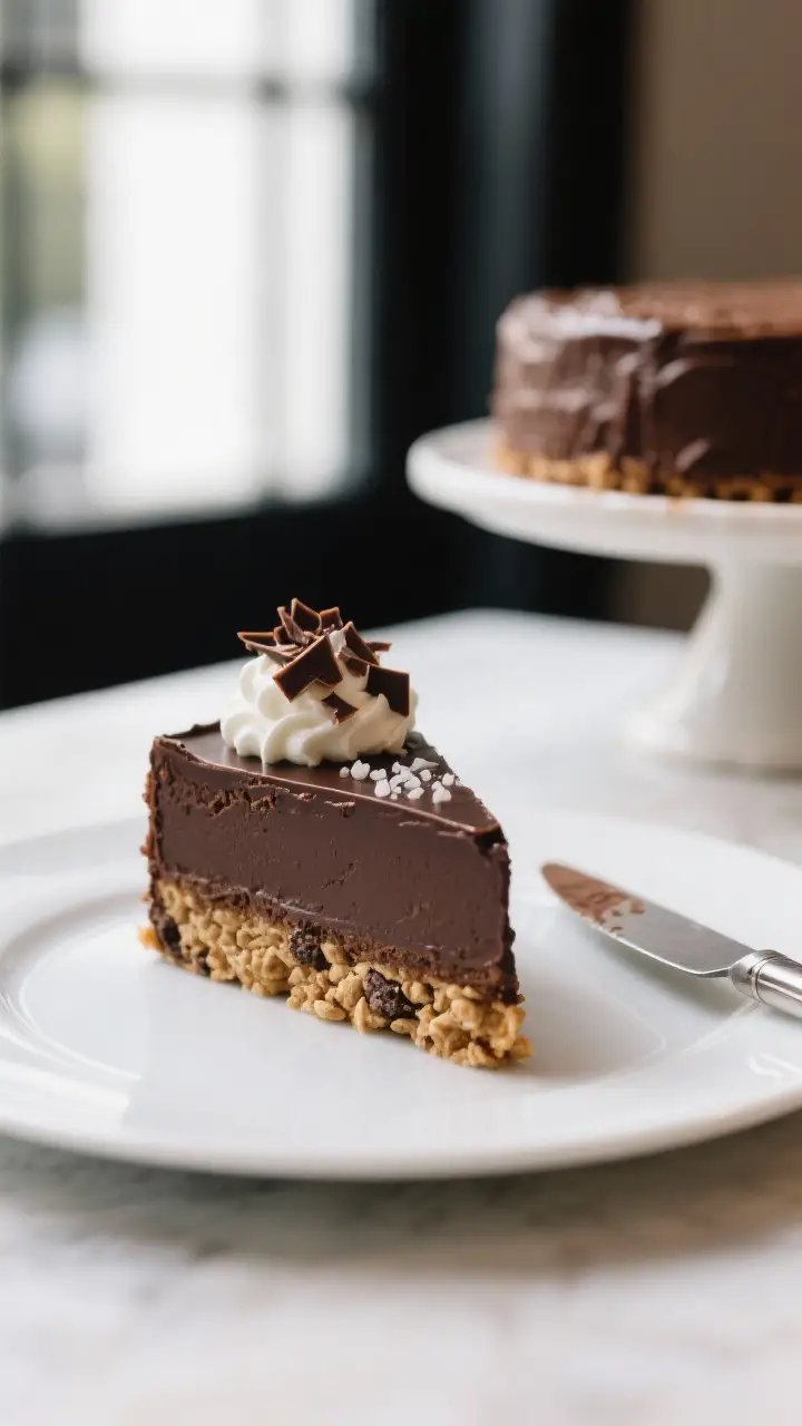 Final plated presentation: A single elegant slice of Chocolate Crunch Torte on a matte white dessert