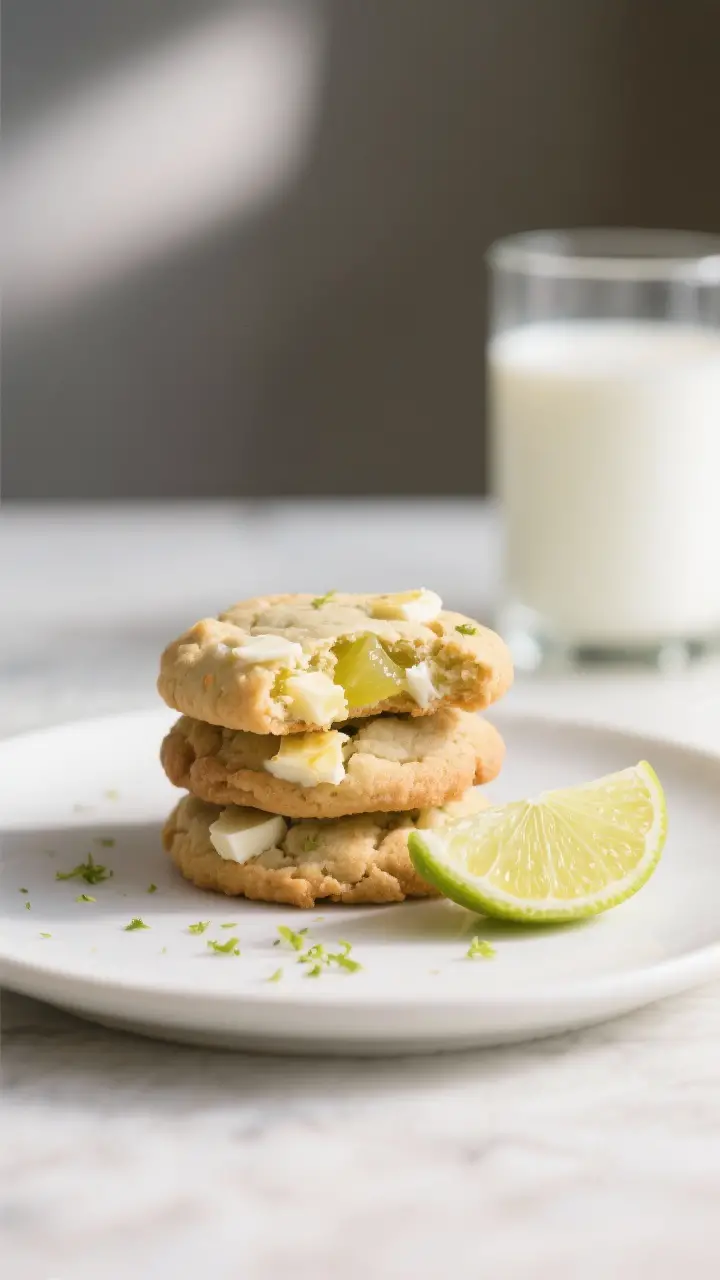 Final plated presentation: a small stack of Paradise Cookies on a matte white dessert plate with a l