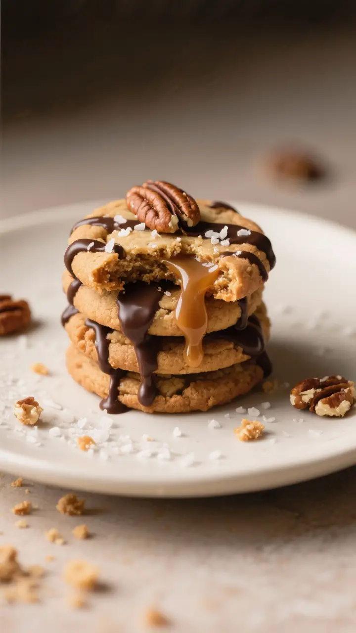 Final plated presentation: Close-up hero shot of stacked Caramelicks on a matte off-white plate, one