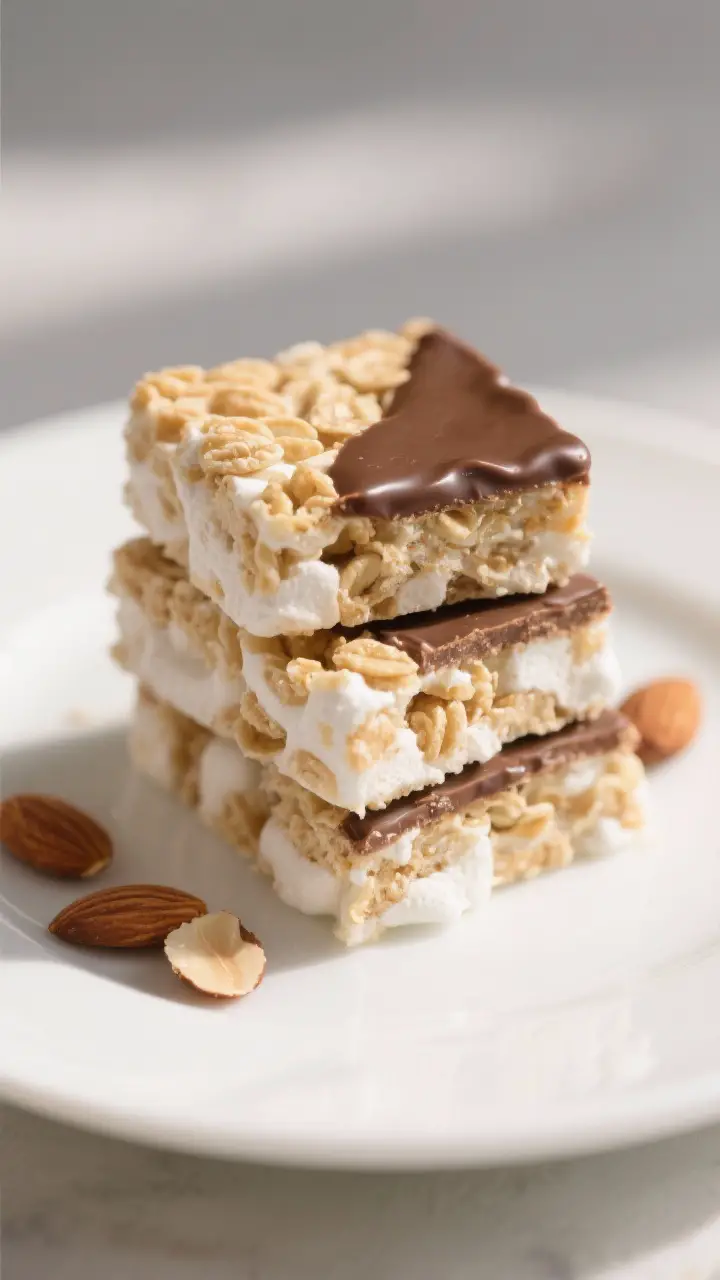 Final plated presentation: Close-up of neatly cut squares of Lucky Treats stacked on a white dessert