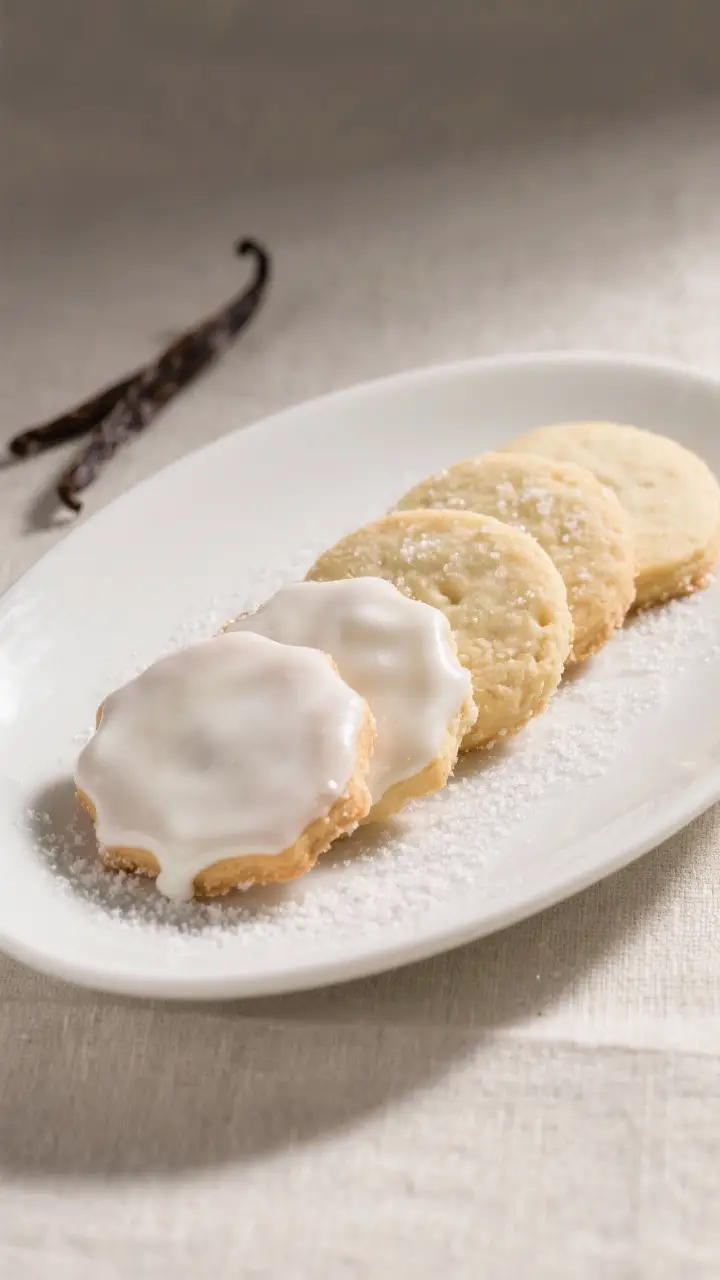 Final plated presentation: Elegant porcelain sugar cookies glazed with a thin, glossy milk-and-powde