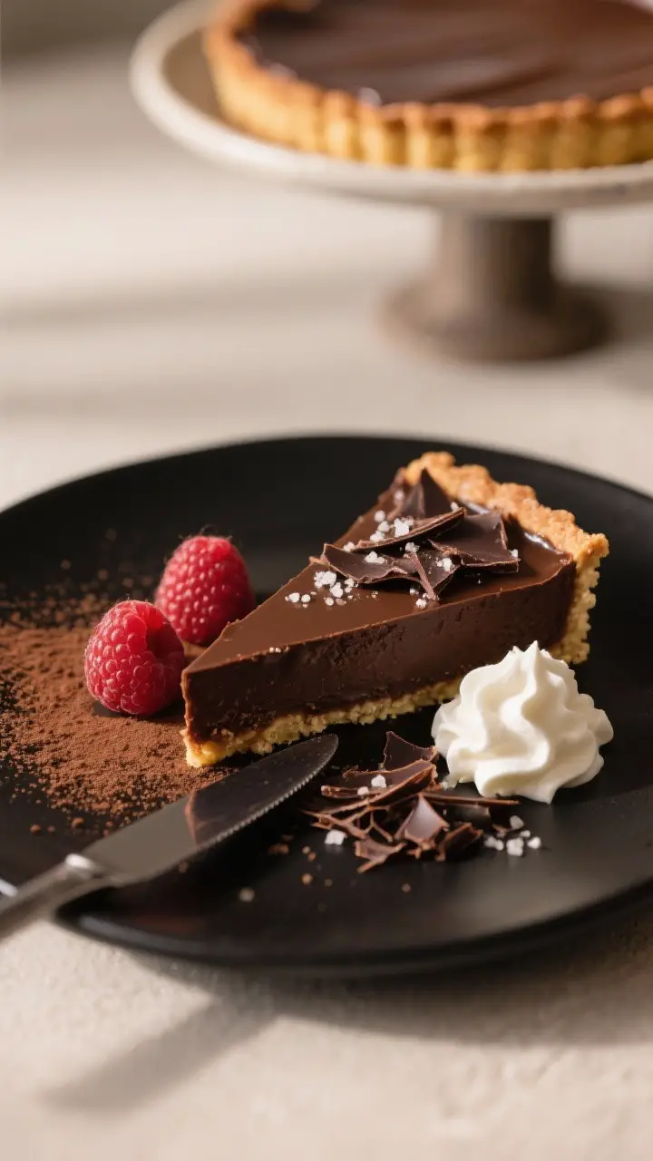 Final plated presentation: Elegant slice of Chocolate Truffle Tart on a matte black dessert plate, u