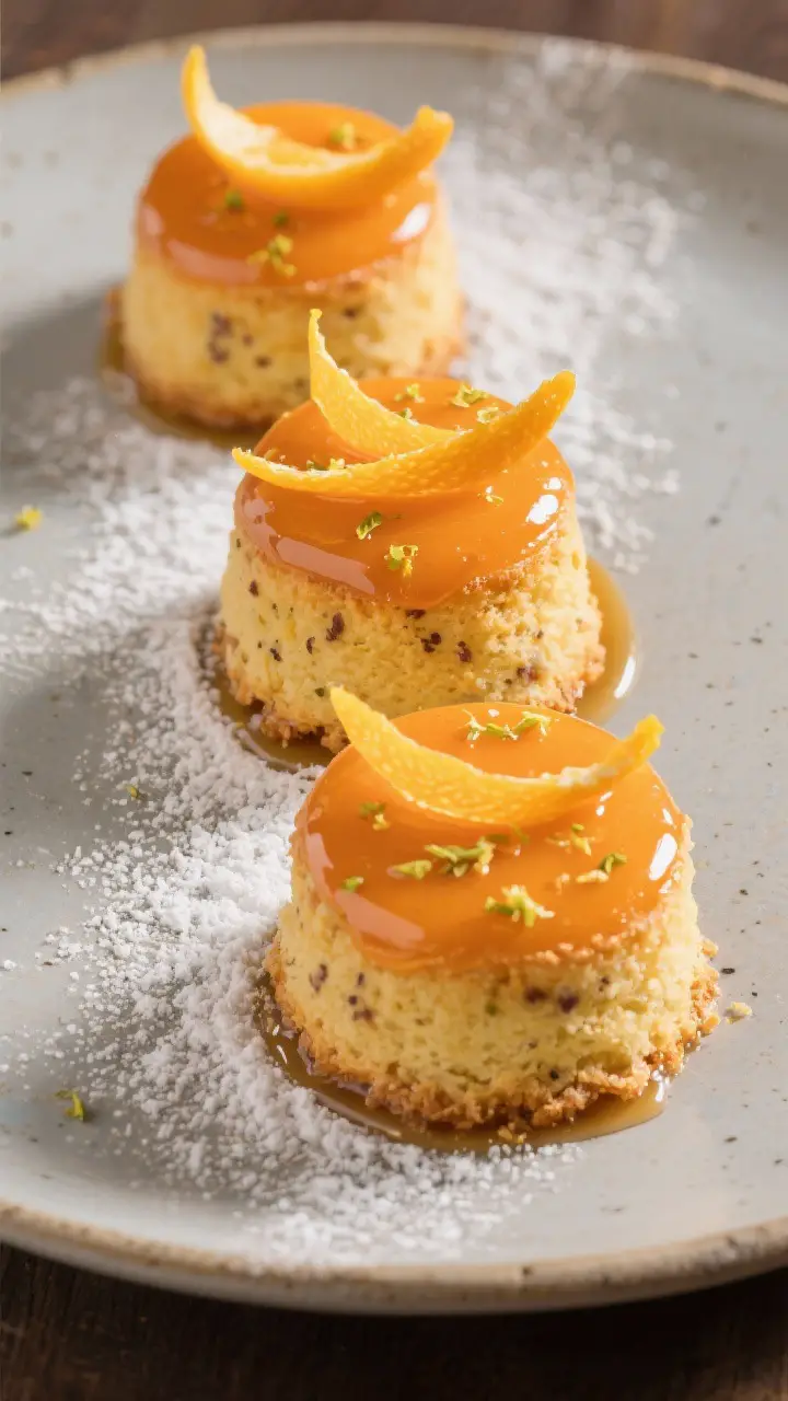 Final plated presentation: Restaurant-quality arrangement of three orange mini-cakes on a matte ston