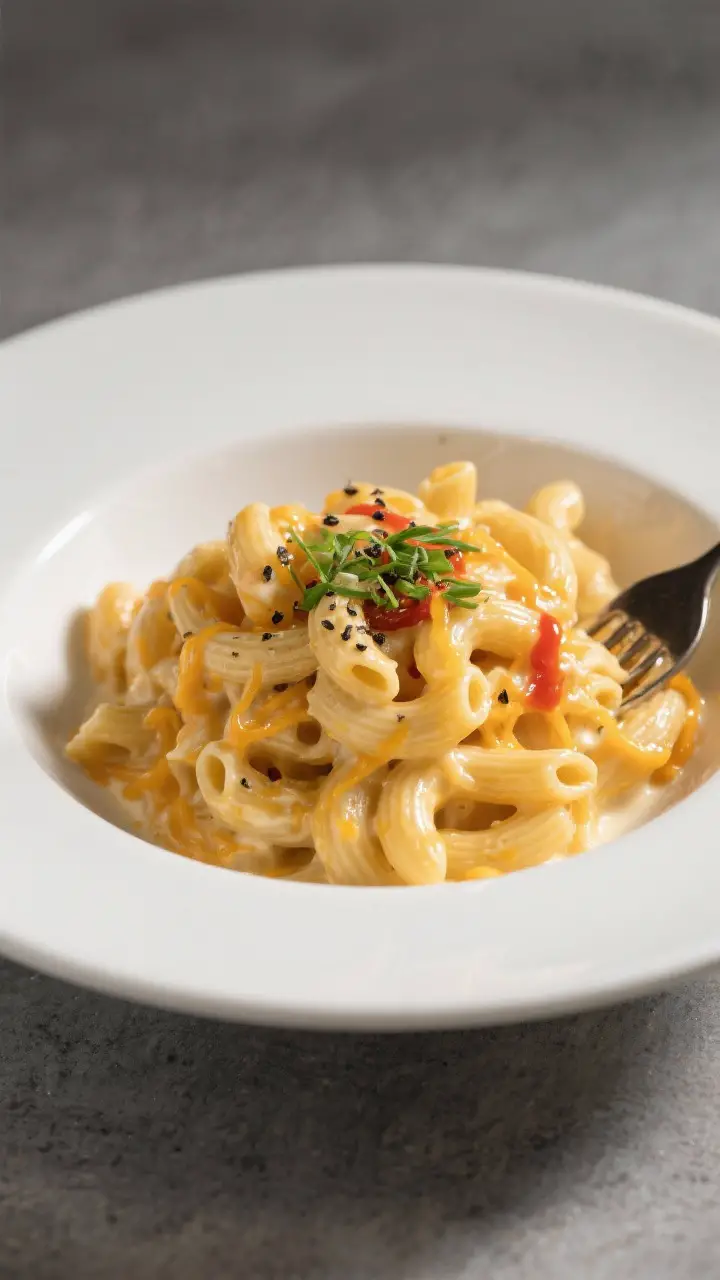 Final plated presentation: Restaurant-quality bowl of mac and cheese (extra glossy from a splash of 