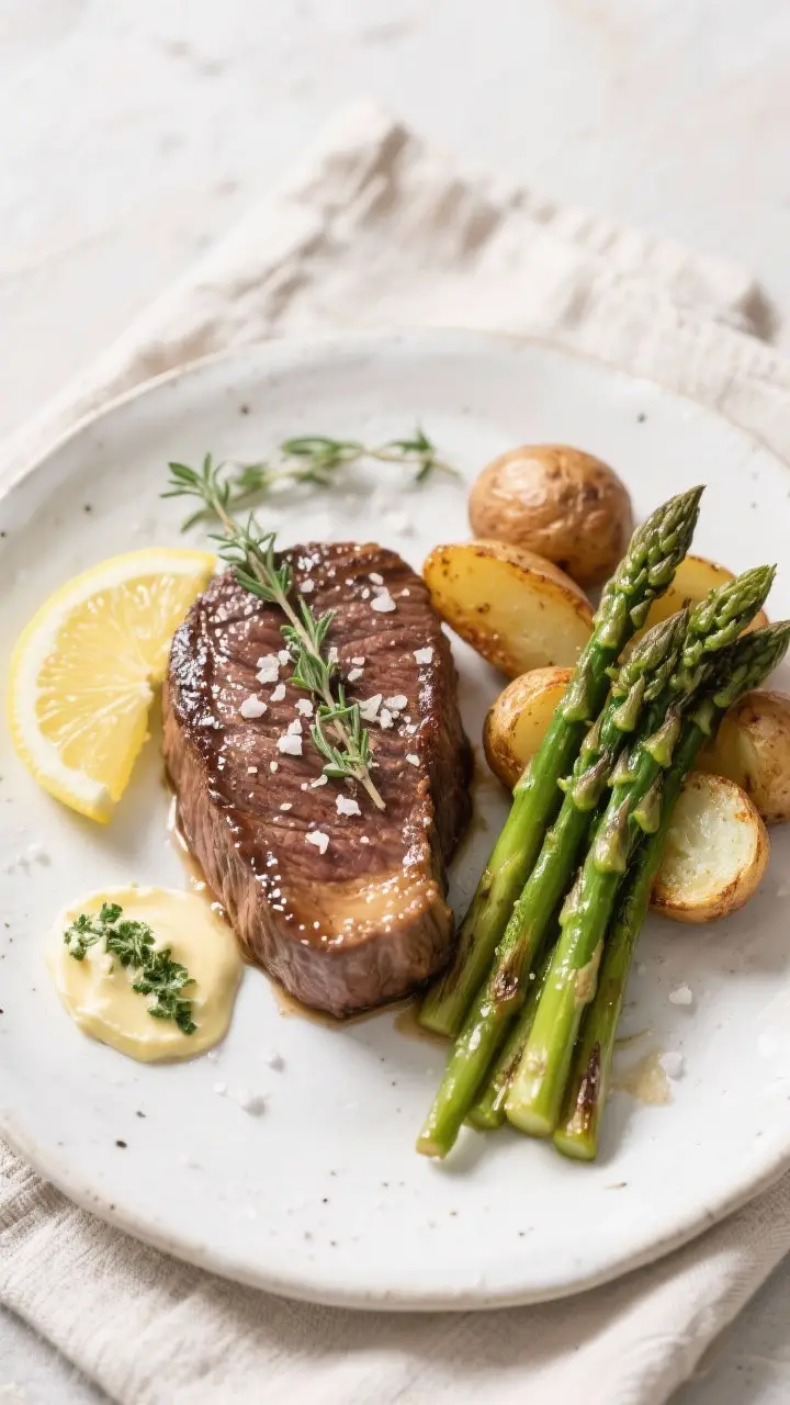 Final plated presentation: Restaurant-quality plating of air fryer filet mignon served whole with a 