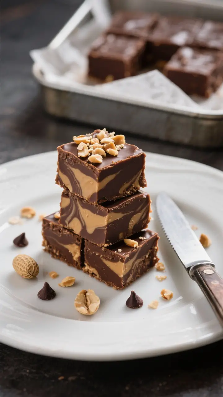 Final plated presentation: Restaurant-quality plate of peanut butter chocolate fudge squares stacked