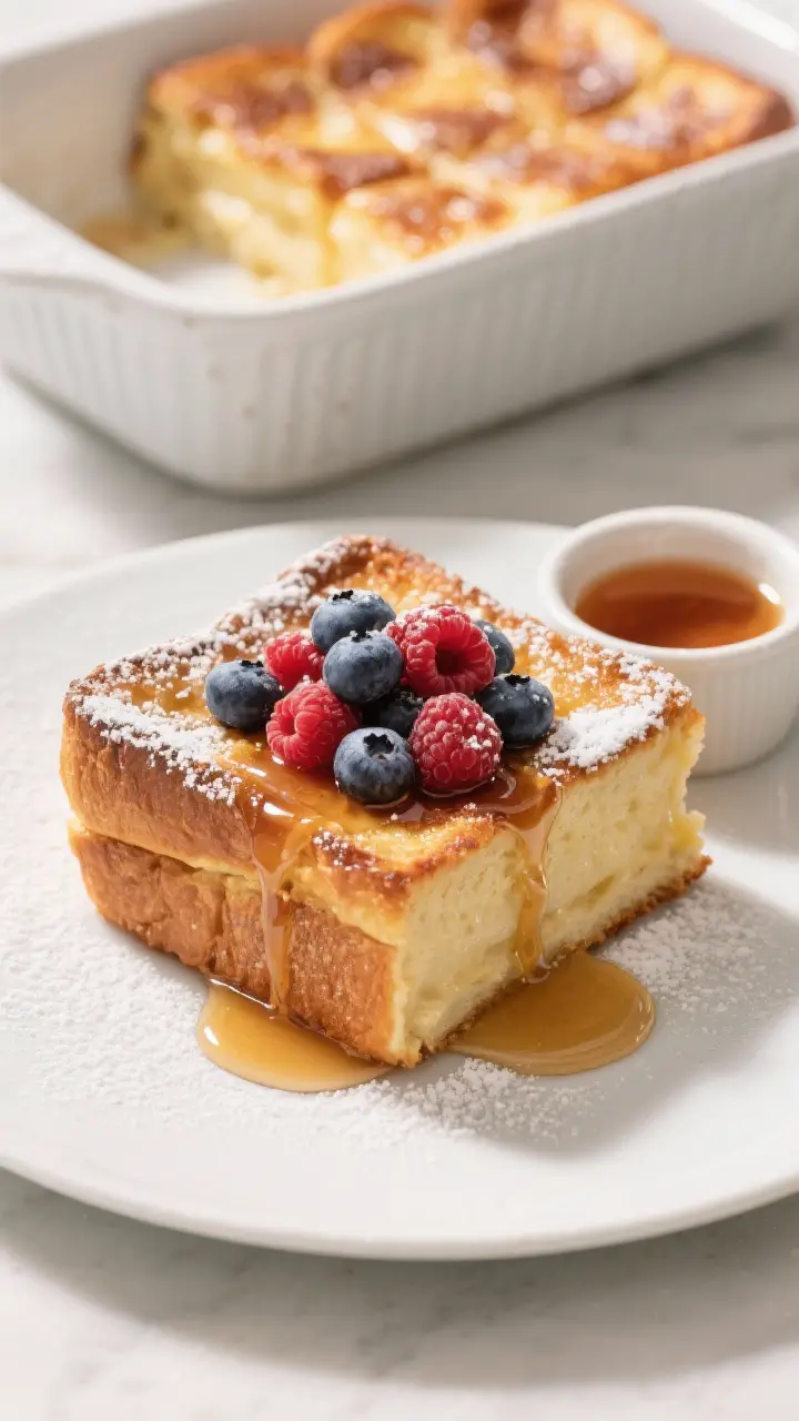 Final plated presentation: Restaurant-quality plating of a thick square of brioche French toast cass