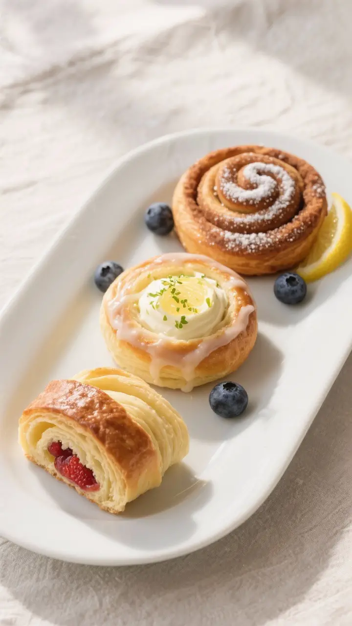 Final plated presentation: Restaurant-quality plate of three mixer-made Danish rolls arranged on a m