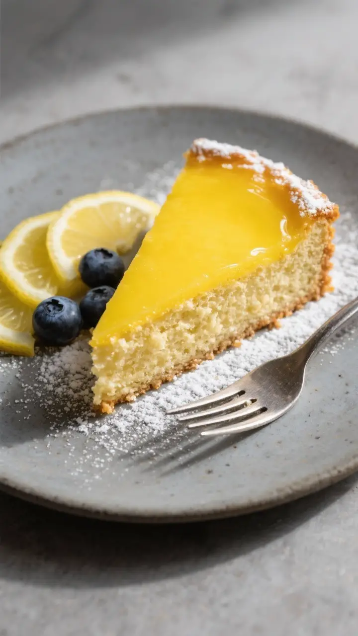 Final plated presentation: restaurant-quality slice of Bottoms-Up Lemon Cake served warm on a matte 