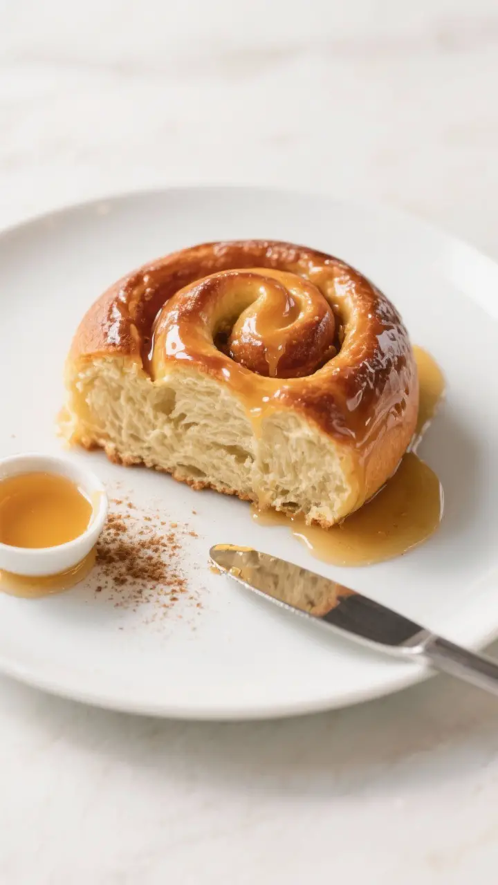 Final plated presentation: Restaurant-style plating of a warm slice of Self-Fill Honey Bun on a matt