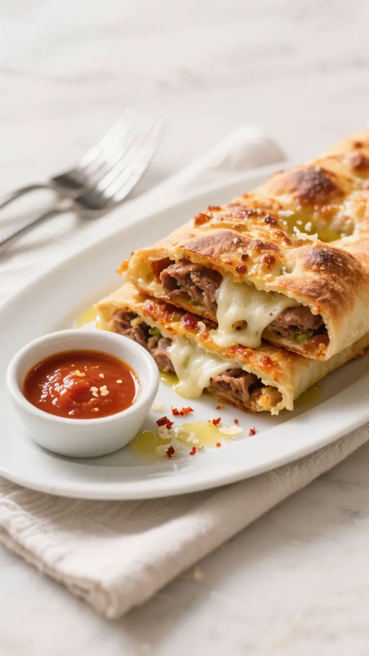 Final plated presentation: Thick, satisfying Stromboli slices stacked on a matte white platter with 