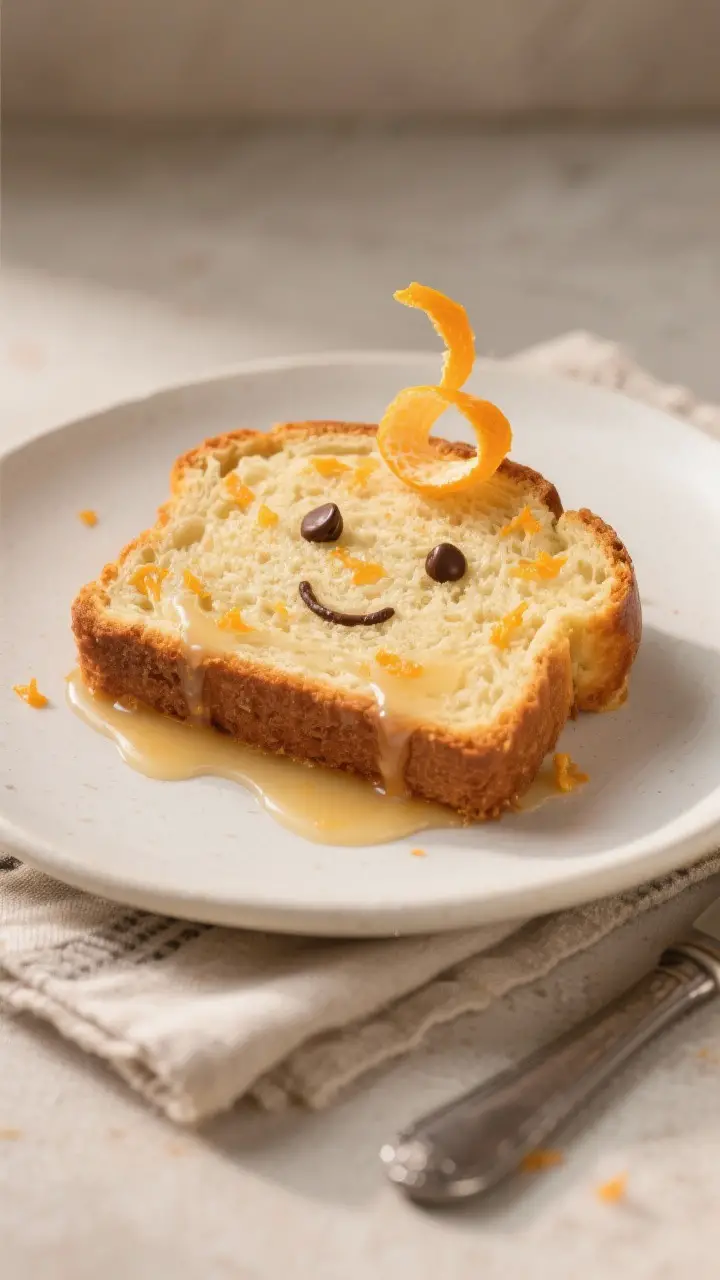 Final plated presentation: Thick slice of Funny Face Orange Bread on a matte white plate with a gent