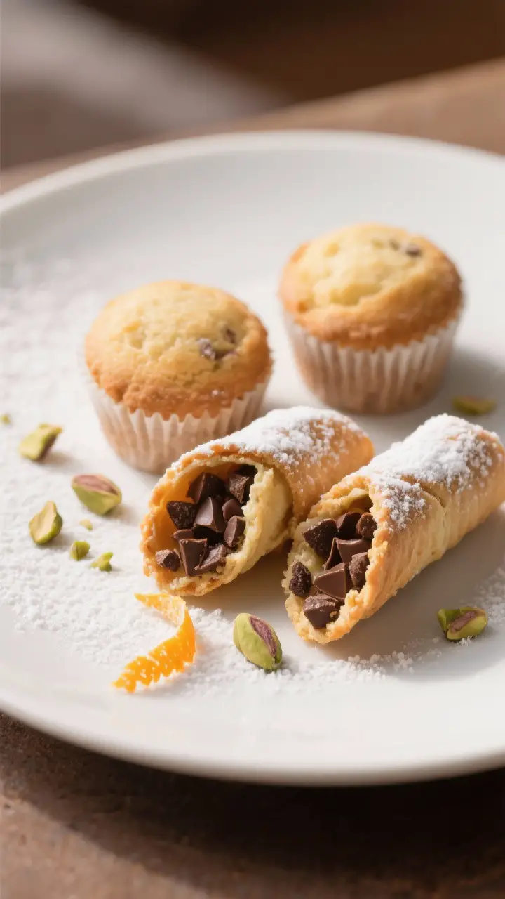 Final plated presentation: three cannoli cupcakes on a matte white dessert plate, one cut in half to