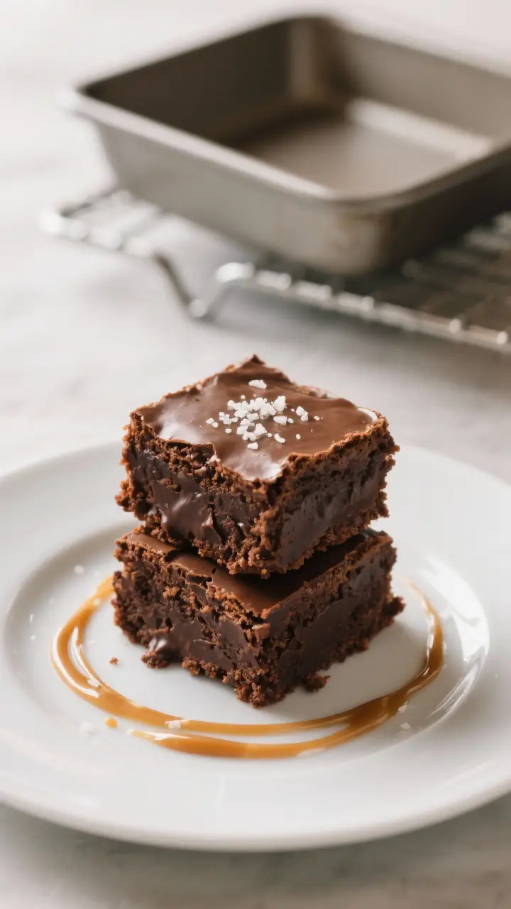 Final plated presentation: two brownie squares stacked on a matte white dessert plate, showcasing th