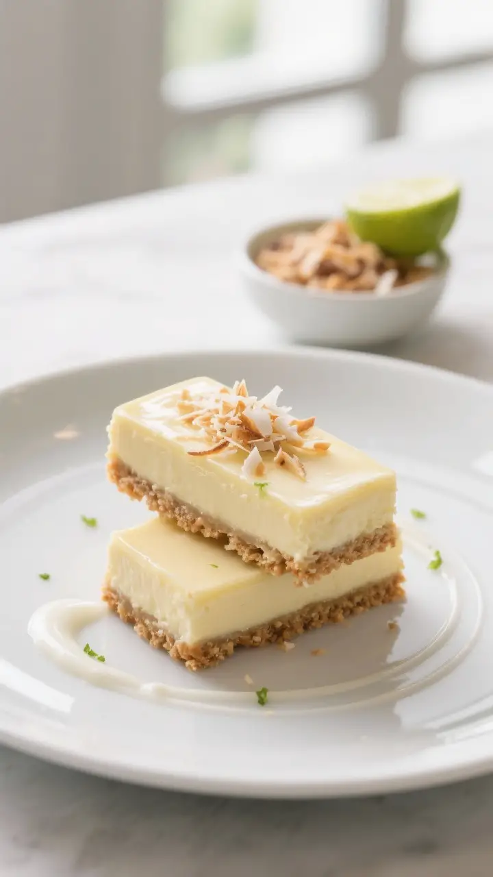 Final plated presentation: Two Light Leilani Bars stacked slightly offset on a matte white dessert p