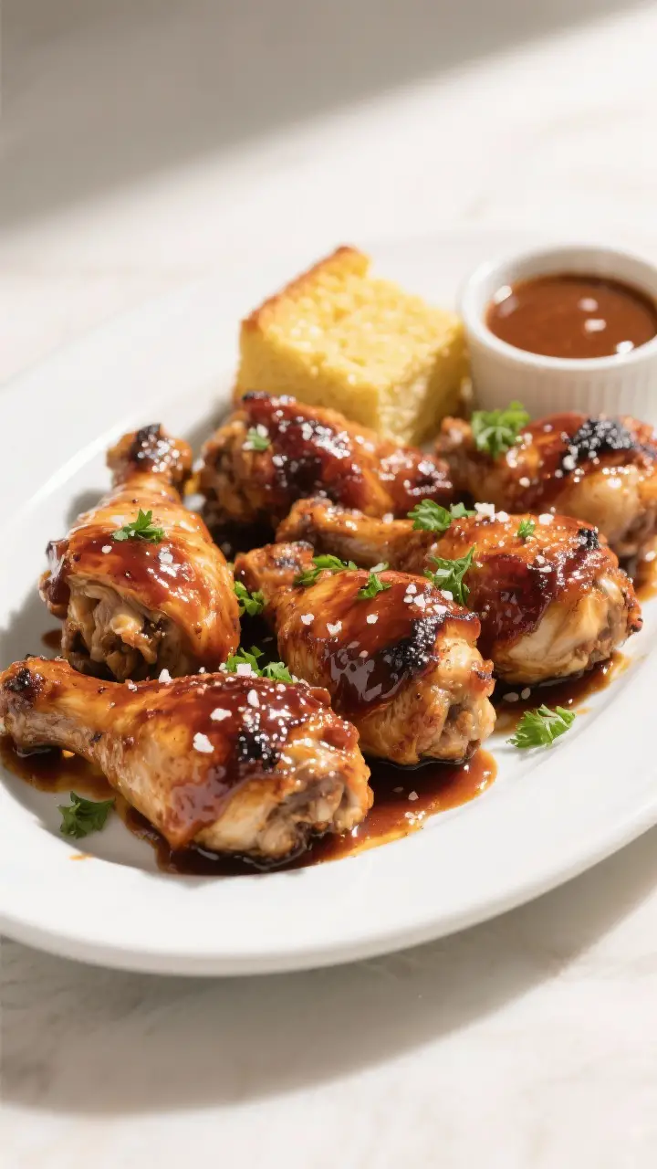 Final plated presentation: Whole BBQ chicken thighs plated family-style on a white ceramic platter, 