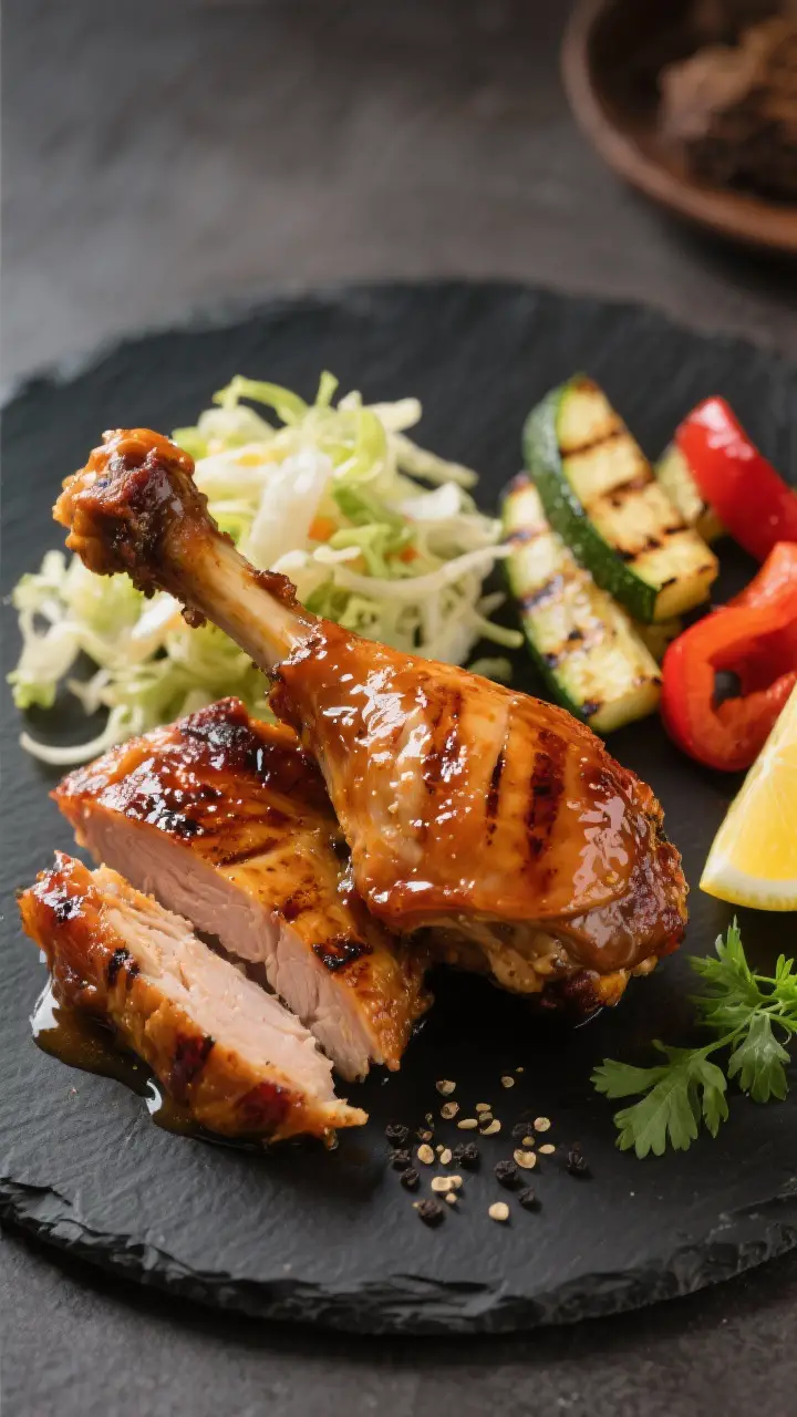 Final plated restaurant-style presentation: one glazed thigh and one drumstick stacked with intentio