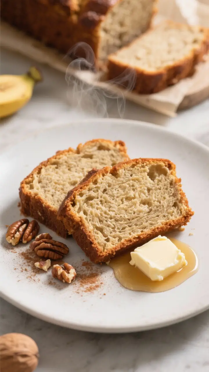 Final plated slice presentation: two thick slices of banana bread with an even, tender crumb and moi