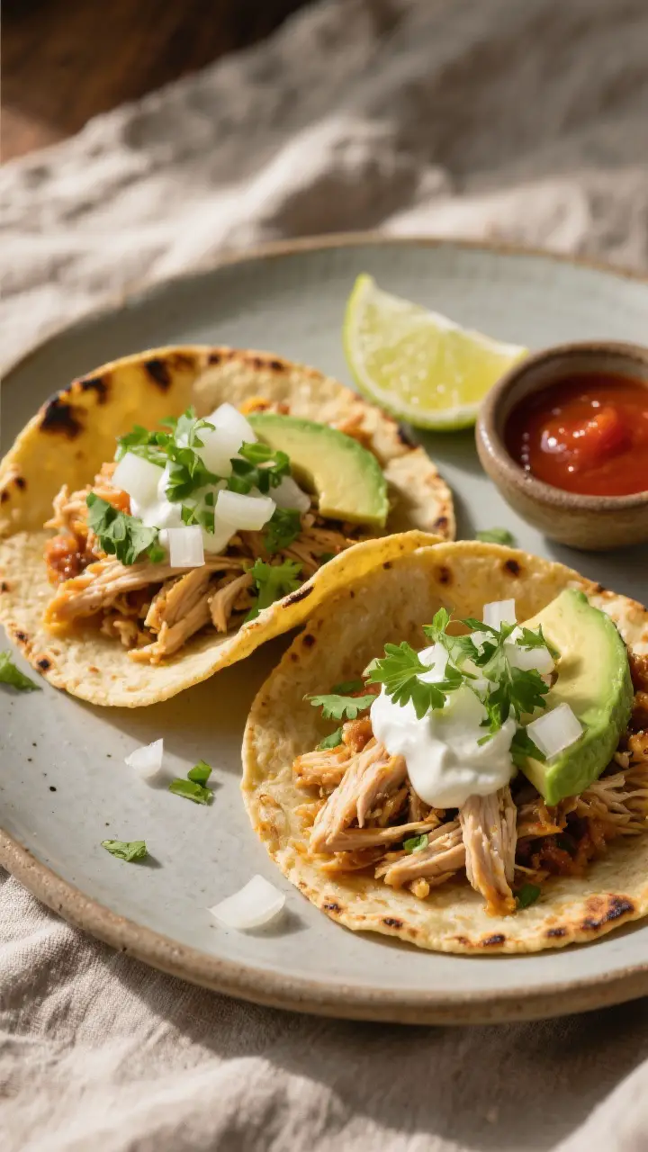 Final plated tacos: Two corn tortillas slightly charred, loaded with juicy shredded chicken, topped 
