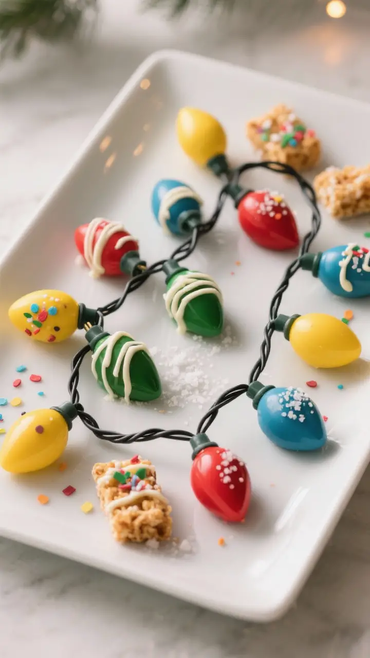 Final presentation: A festive platter styled as a light string—black licorice laces wave across a 