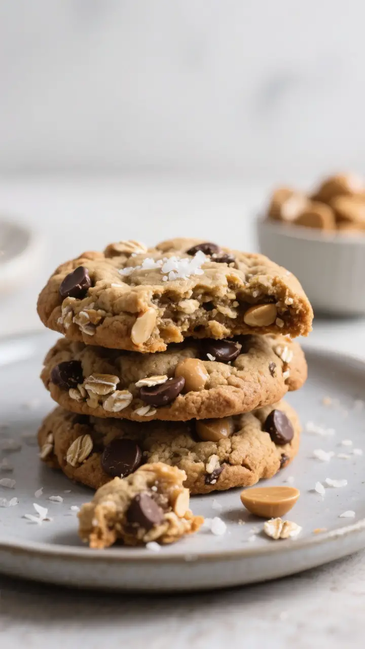 Final presentation: Bakery-style stack of three large gluten-free monster cookies on a matte ceramic