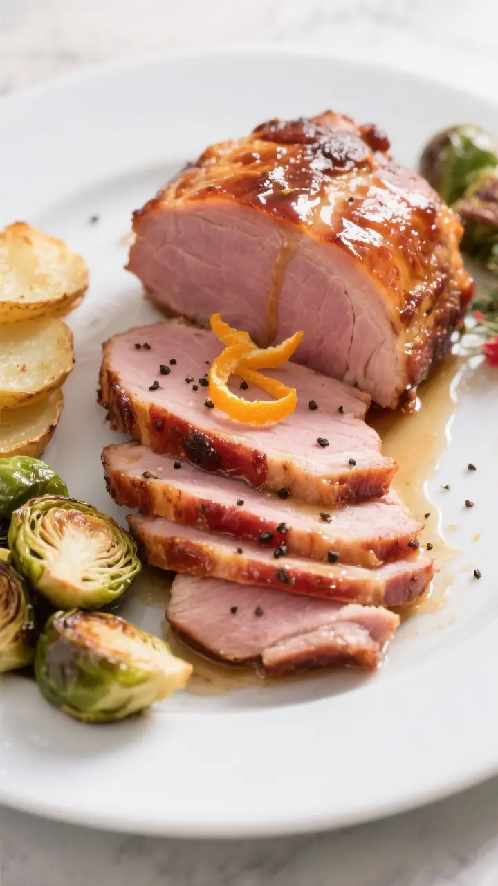 Final presentation: Beautifully plated slices of the glazed Christmas ham, carved thinly against the