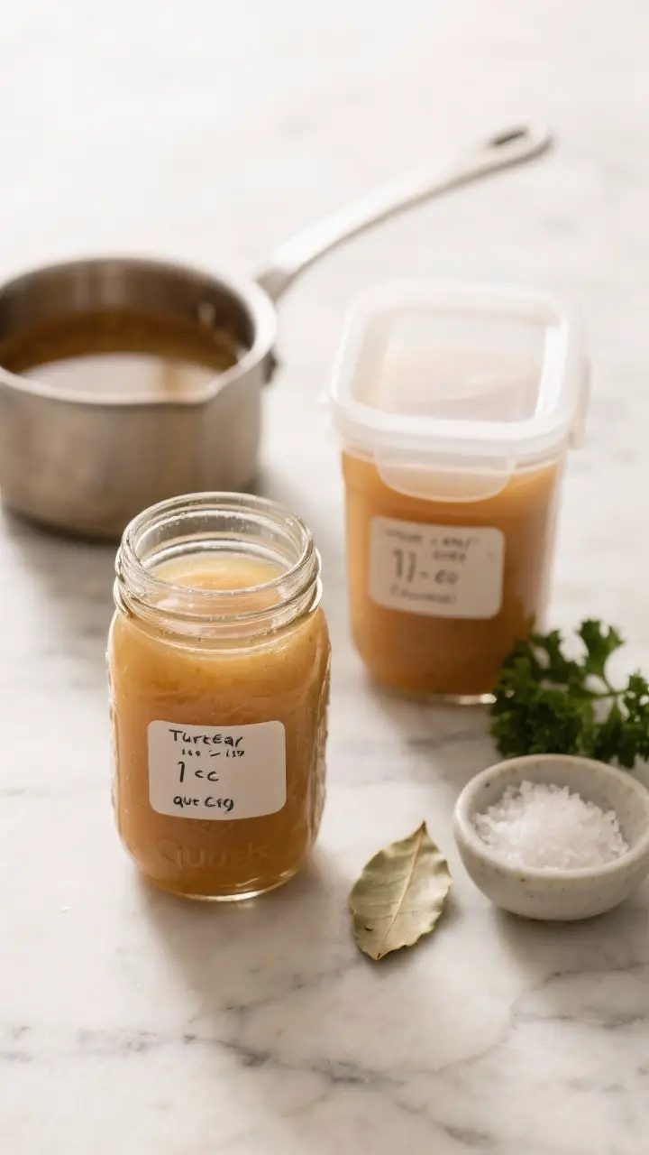 Final presentation: Beautifully styled mason jars and freezer containers of turkey stock on a marble